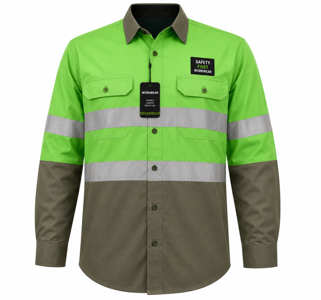 Green/Army Green Hi-Vis Shirt 100% Cotton Long Sleeve