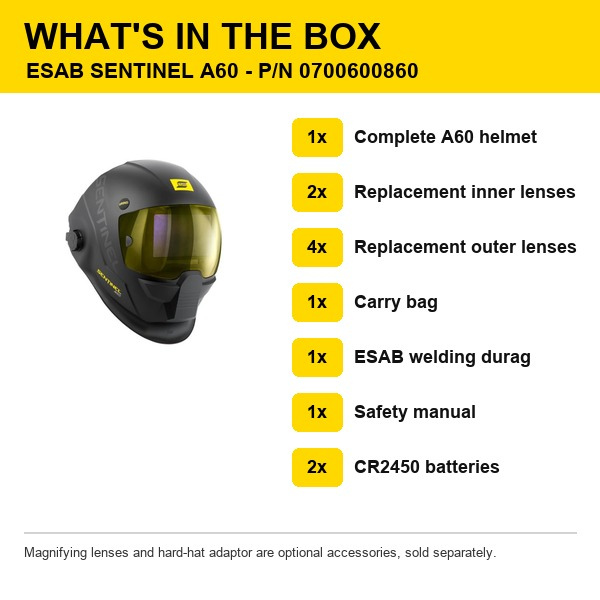 ESAB Sentinel A60 helmet package contents and included accessories