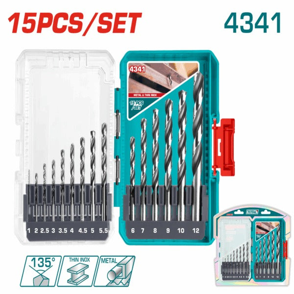Total Drill Bit Set (Silver) HSS 1,2-5×0.5+6-12mm 15Pc