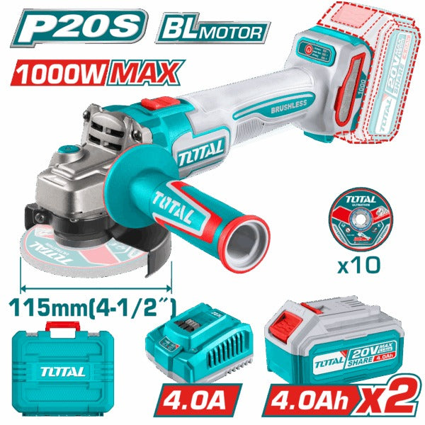 Total 20V Angle Grinder 115mm+2x4AH+ 4AH Charger+Disc