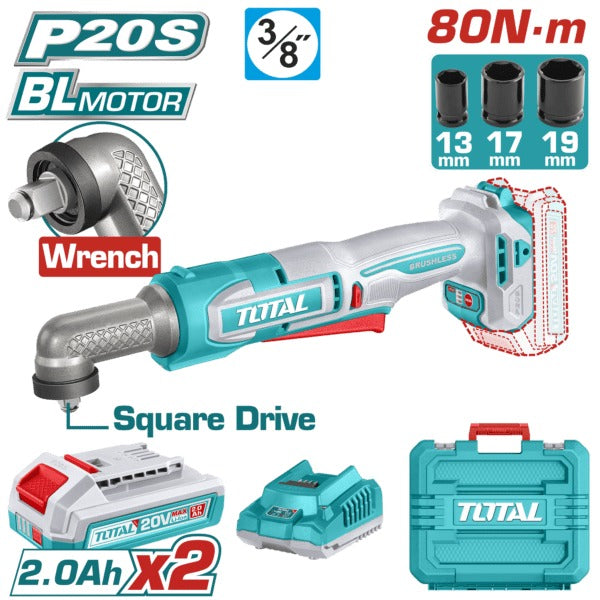 Total 20V Angle Impact Wrench 80nm 3/8dr 2x2AH+2AH Charger