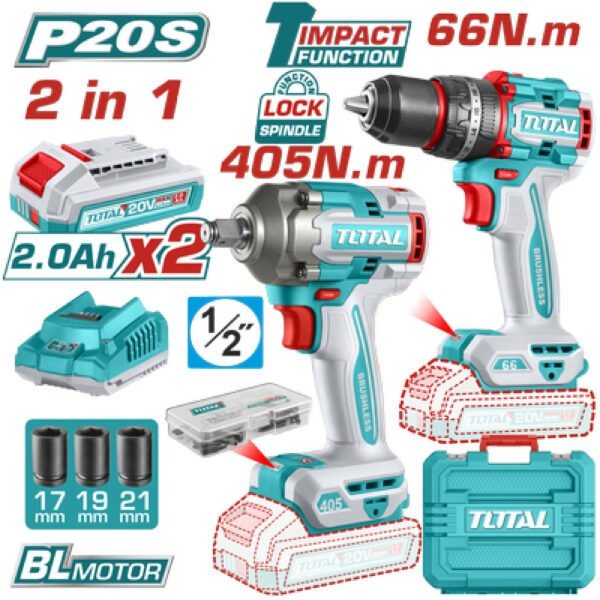 Total 20V COMBO 2PC Drill 66nm+I/Wrench 405nm 2X2AH