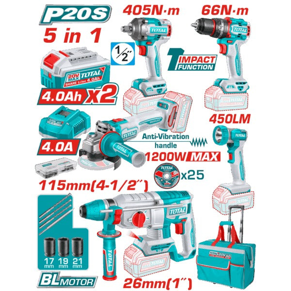 Total 20V COMBO 5PC Drill 66nm+Imp 405nm+Grind+R/Ham+Lamp