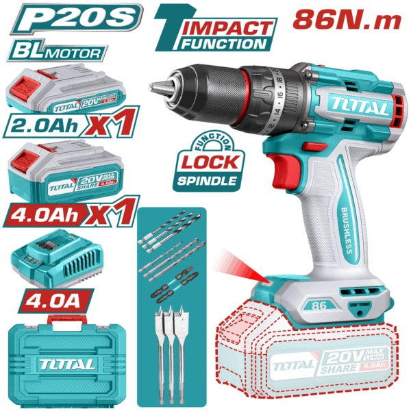 Total 20V Drill Impact 13mm 86Nm B/L 1X2AH1X4AH+Charg