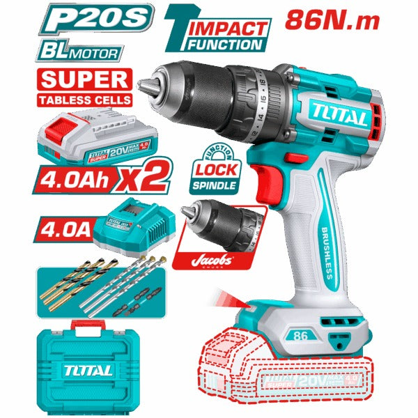 Total 20V Drill Impact 13mm 86nm 1X4AH+1X2AH+Charger+Acc