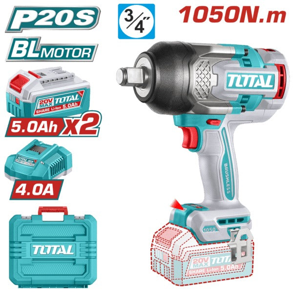 Total 20V Impact Wrench 1050nm 3/4dr+2x5AH+4AH Charger+Acc