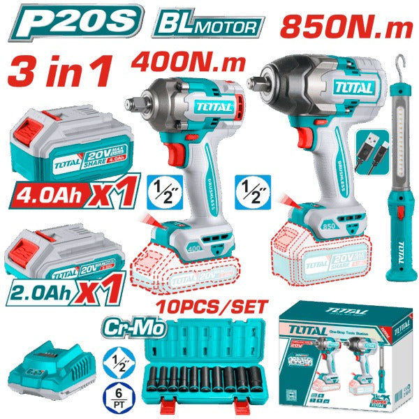 Total 20V COMBO 3PC 2xImpact Wrench 400+850nm +W/Lamp
