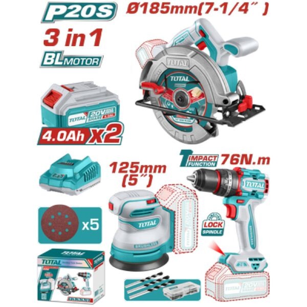 Total 20V COMBO 3PC Drill 76nm+C/Saw185+Sander 2x4AH