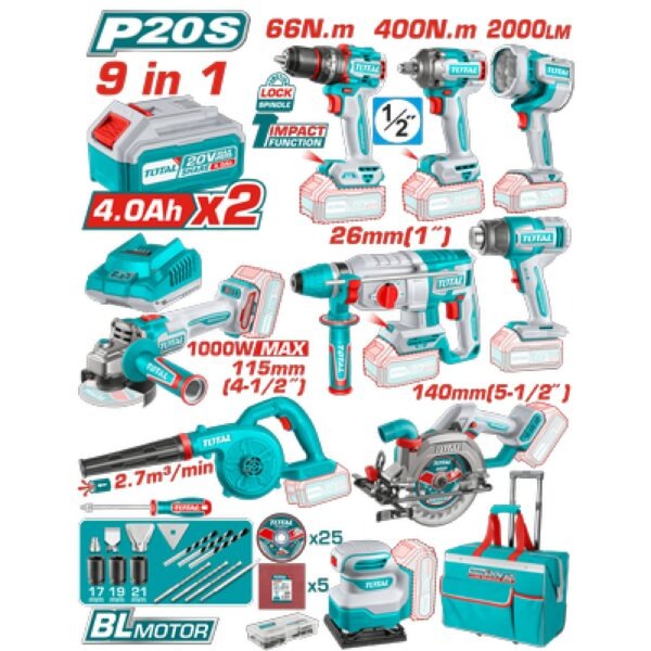 Total 20V COMBO 9PC+Drill+Gun+Imp+Grinder+R/Ham+Sander