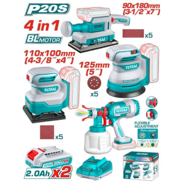 Total 20V COMBO 4PC+Spray Gun+3x20V Sanders+2x2AH