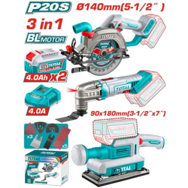 Total 20V COMBO 3PC Sander+Mult-Tool+C/Saw 140mm+2X4AH