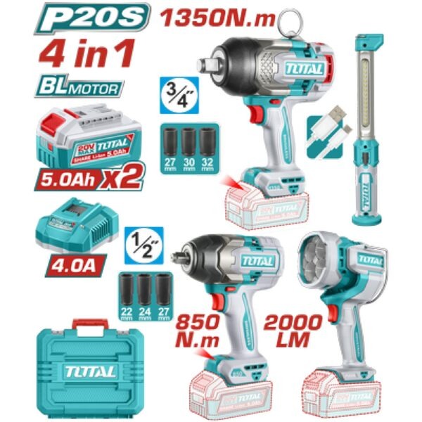 Total 20V COMBO 4PC 2XI/Wrench 850-1350nm+2xWork Lamp