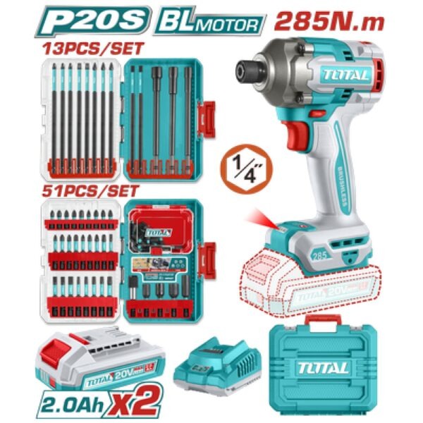 Total 20V Impact Driver 285Nm 2X2AH+2AH Charger+ Acc