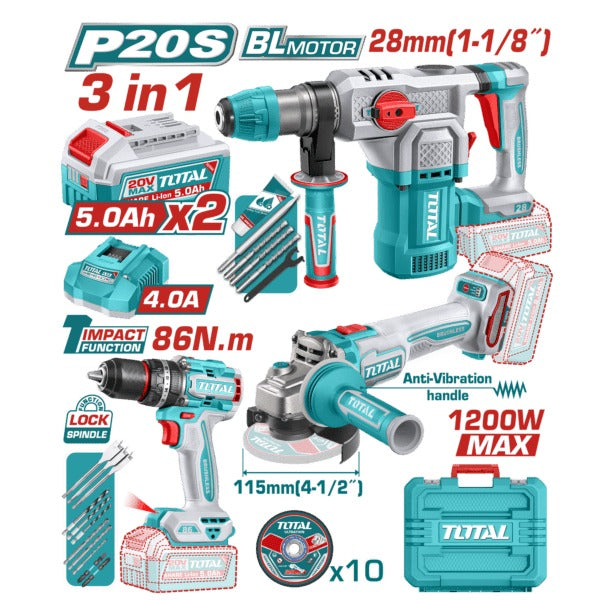 Total 20V COMBO 3PC Drill 86nm+Grinder 115+R/Hammer 28mm