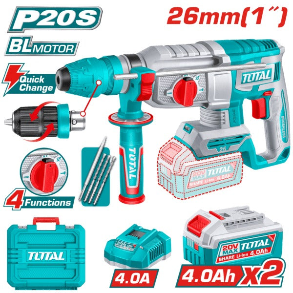 Total 20V Rotary Hammer 26mm 2.5J 2X4AH+ 4AH Charger+Acc