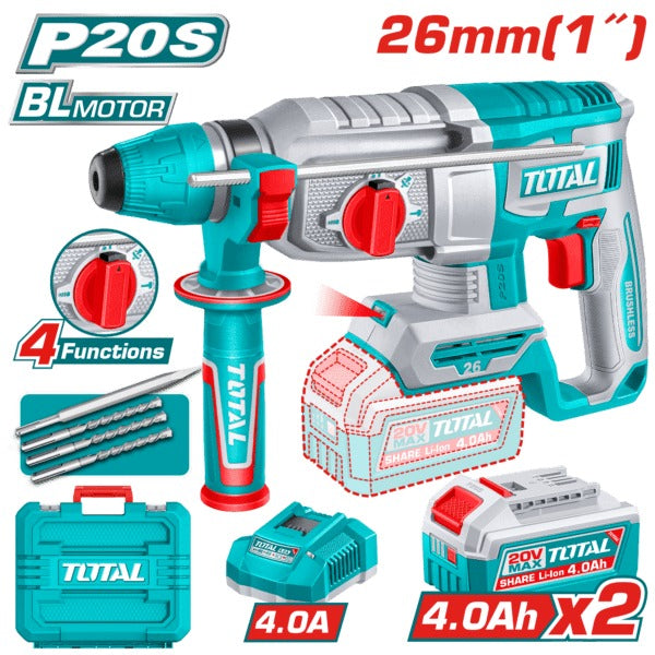 Total 20V Rotary Hammer 26mm 2X4AH+4AH Charger+ Acc