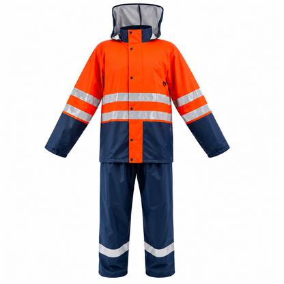 Pioneer Storm Guard PU Waterproof Rain Suit Navy/Orange With Reflective Tape