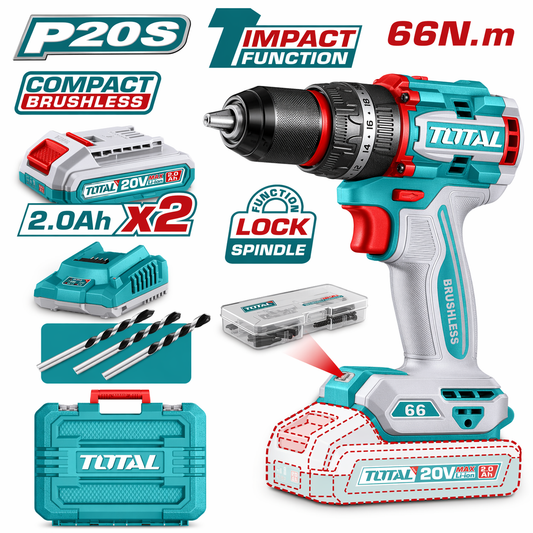 TOTAL 20V Brushless Impact Drill 66Nm Kit with 2 x 2.0Ah Batteries, Charger & 47-Piece Accessories