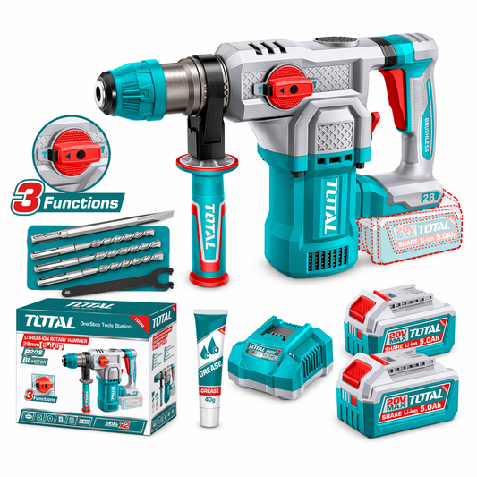 TOTAL 20V 28mm Rotary Hammer Kit with 2 x 5.0Ah Batteries, Charger & Accessories