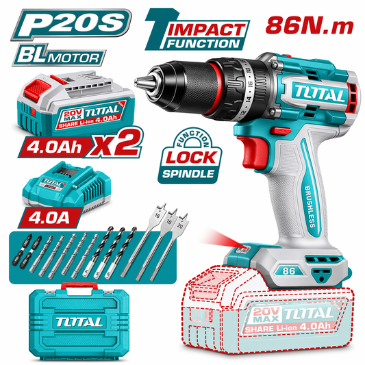 TOTAL 20V 13mm Impact Drill 86Nm Kit with 2 x 4.0Ah Batteries, Charger & Accessories