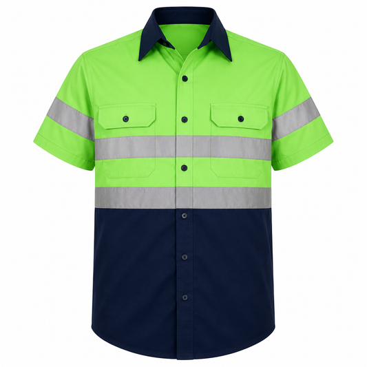 Navy/Lime Hi-Vis Shirt 100% Cotton Short Sleeve