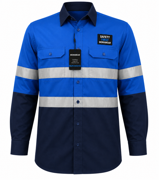 Navy/Electrical Blue Hi-Vis Shirt 100% Cotton Long Sleeve