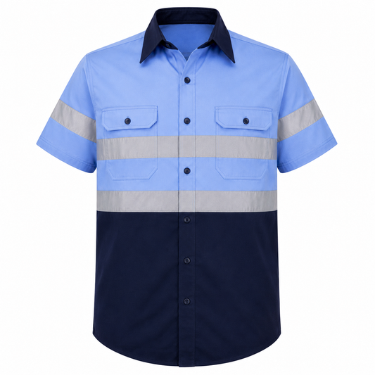 Navy/Sky Blue Hi-Vis Shirt 100% Cotton Short Sleeve