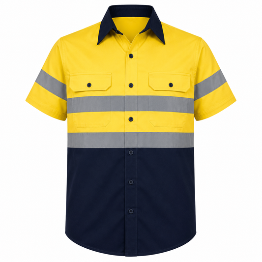 Navy/Yellow Hi-Vis Shirt 100% Cotton Short Sleeve