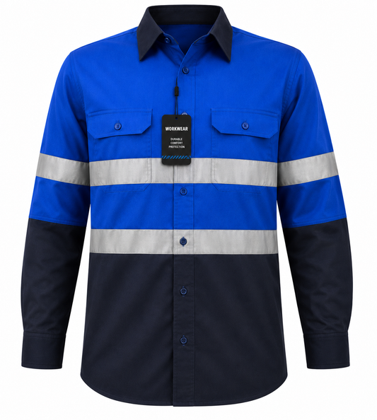 Blue/Carbon Grey Hi-Vis Shirt 100% Cotton Long Sleeve