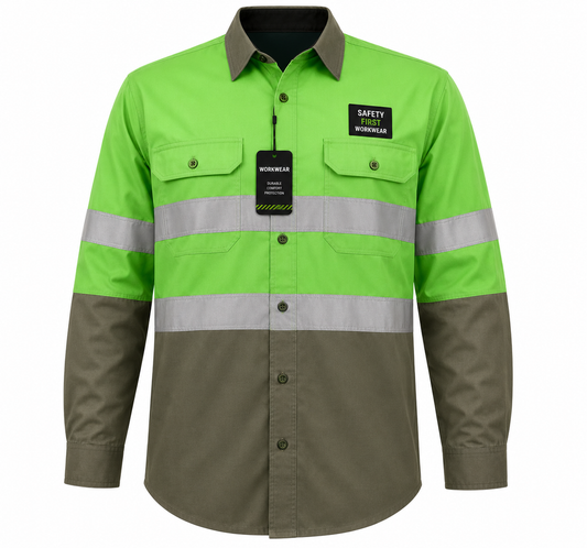 Green/Army Green Hi-Vis Shirt 100% Cotton Long Sleeve