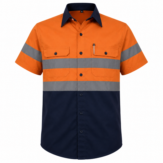 Navy/Orange Hi-Vis Shirt 100% Cotton Short Sleeve