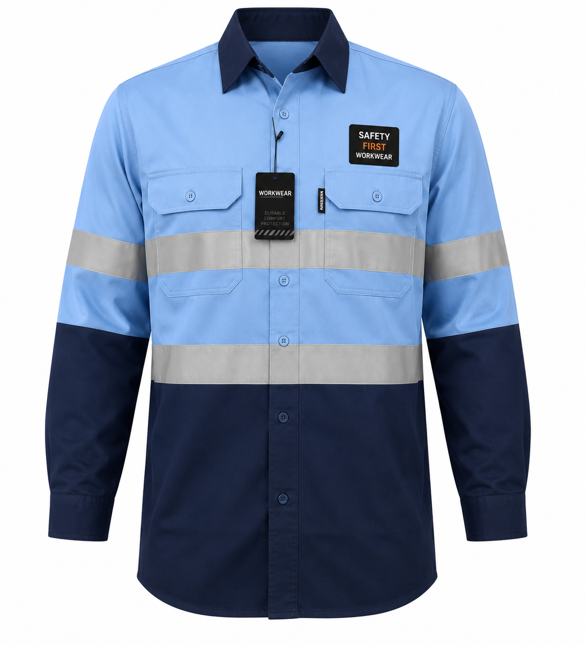 Navy/Sky Blue Hi-Vis Shirt 100% Cotton Long Sleeve