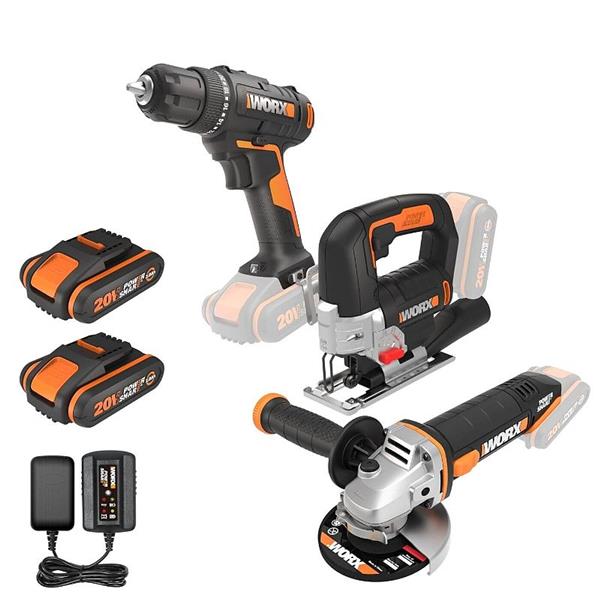WORX Screwdriver+ Jigsaw + Angle Grinder + 2 x 2A.h Batteries + Charger - main image