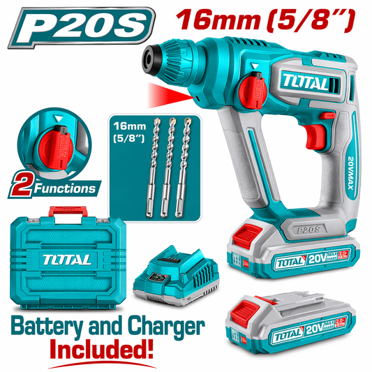 TOTAL 20V 16mm Rotary Hammer Kit with 1 x 2.0Ah Battery, Charger & Accessories