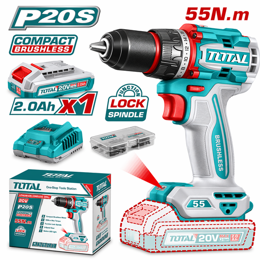 TOTAL 20V 13mm Brushless Drill Driver 55Nm Kit with 1 x 2.0Ah Battery, Charger & 47-Piece Accessories