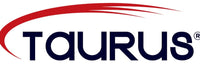 Taurus logo with red and blue design on a white background