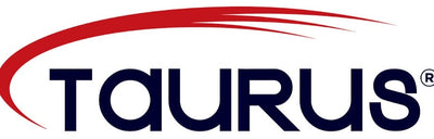 Taurus logo with red and blue design on a white background