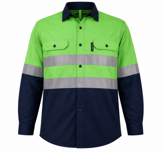 Navy/Lime Hi-Vis Shirt 100% Cotton Long Sleeve