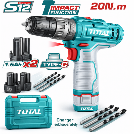 TOTAL 12V Impact Drill Kit with 2 x 1.5Ah Batteries, USB-C Charging & Accessories