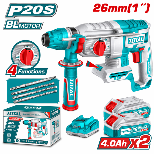 TOTAL 20V 26mm Rotary Hammer Kit with 2 x 4.0Ah Batteries & Charger