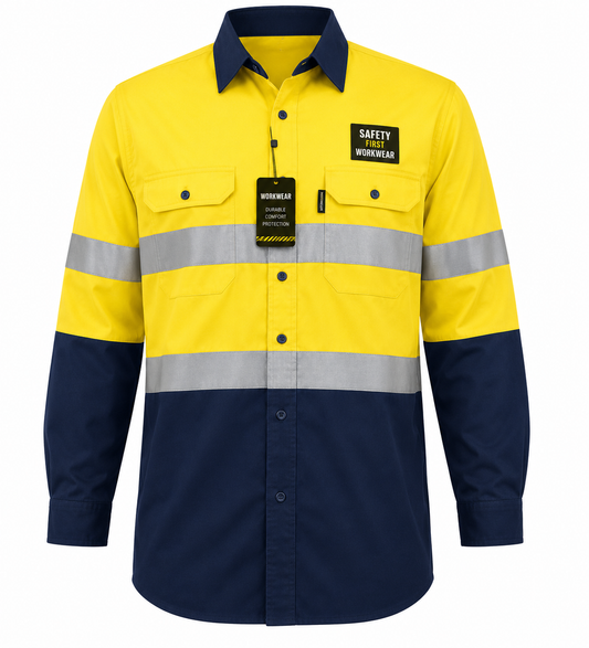 Navy/Yellow Hi-Vis Shirt 100% Cotton Long Sleeve