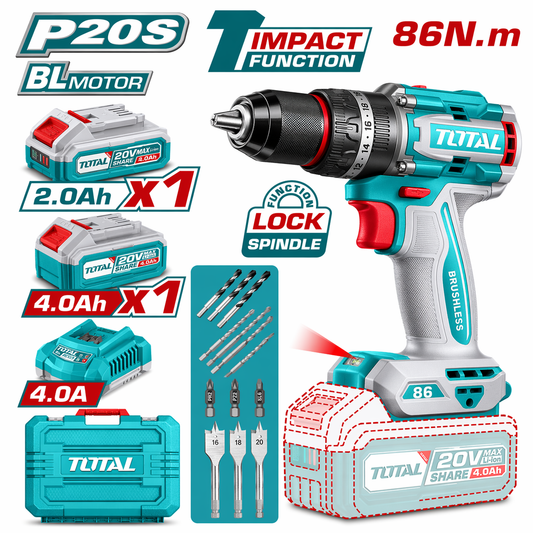 TOTAL 20V 13mm Brushless Impact Drill 86Nm Kit with 1 x 2.0Ah Battery, 1 x 4.0Ah Battery & Charger