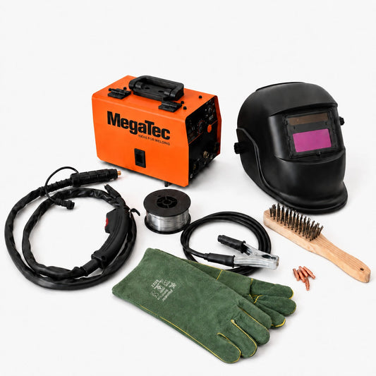 Megatec FX-120 gasless MIG welder combo with torch, earth lead, welding helmet, gloves, wire spool, wire brush and five contact tips