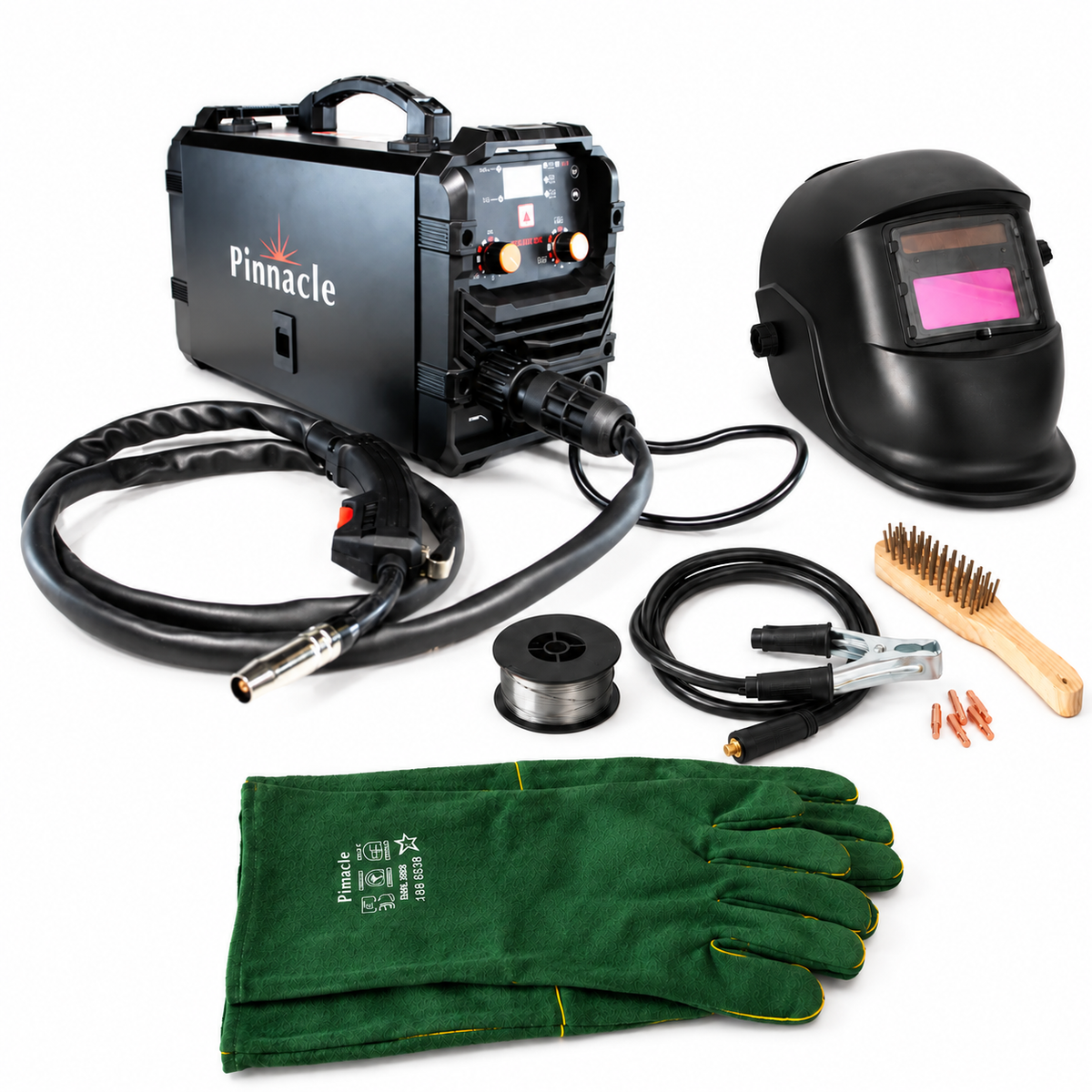 Pinnacle MIG-Arc 165 premium gasless MIG welding combo with helmet, gloves, MIG torch, earth clamp, 1kg wire roll, contact tips and wire brush