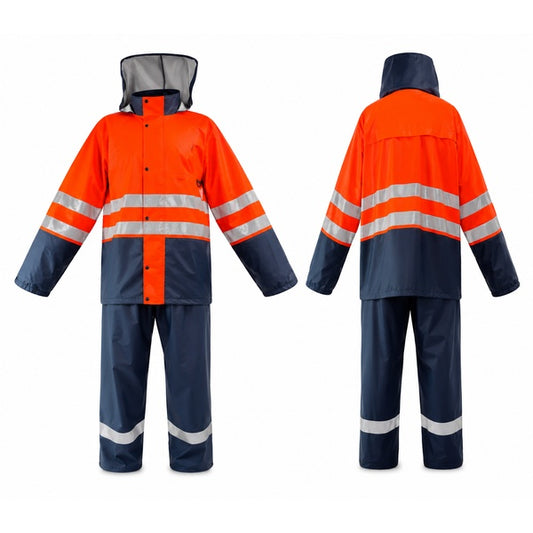 Pioneer Storm Guard PU Waterproof Rain Suit Navy/Orange With Reflective Tape