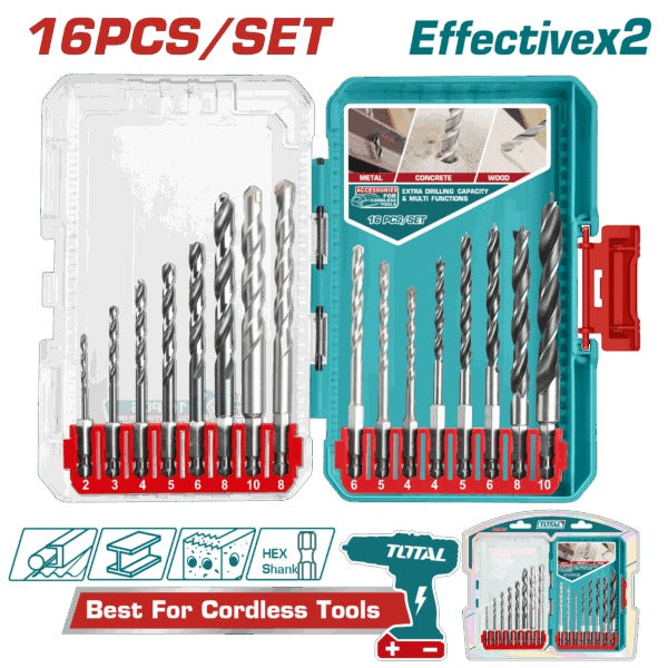 Total Drill bit set 16pc Steel/Mason/Wood 2-10MM