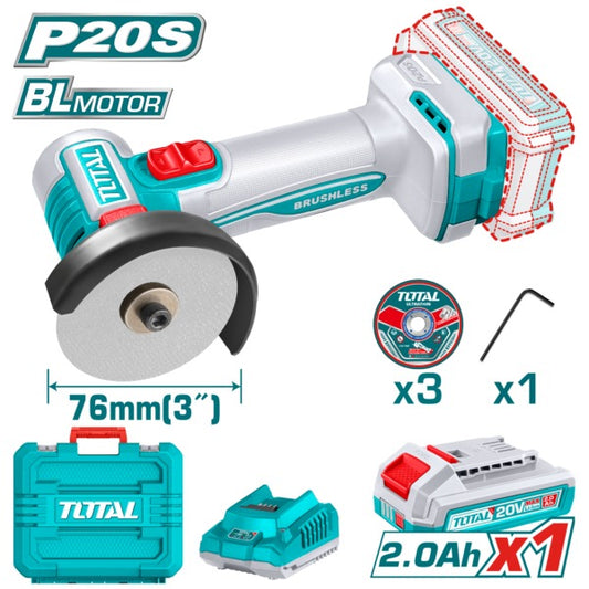 Total 20V Angle Grinder Mini 76mm 1X2AH+Charger+Acc