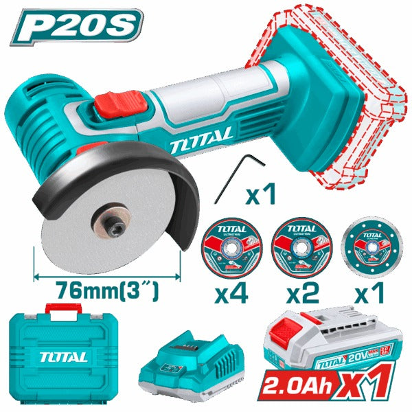 Total 20V Angle Grinder Mini 76mm 1x2AH+Charger+Acc