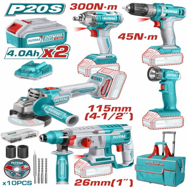 Total 20V COMBO 5PC Drill 45Nm+I/300Nm+Grind+R/Ham+Lam