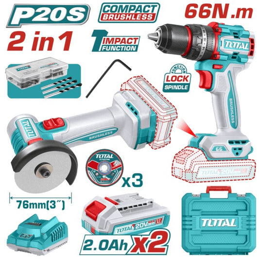 Total 20V COMBO 2PC Drill 66nm 13mm+76mm Grinder 2X2AH